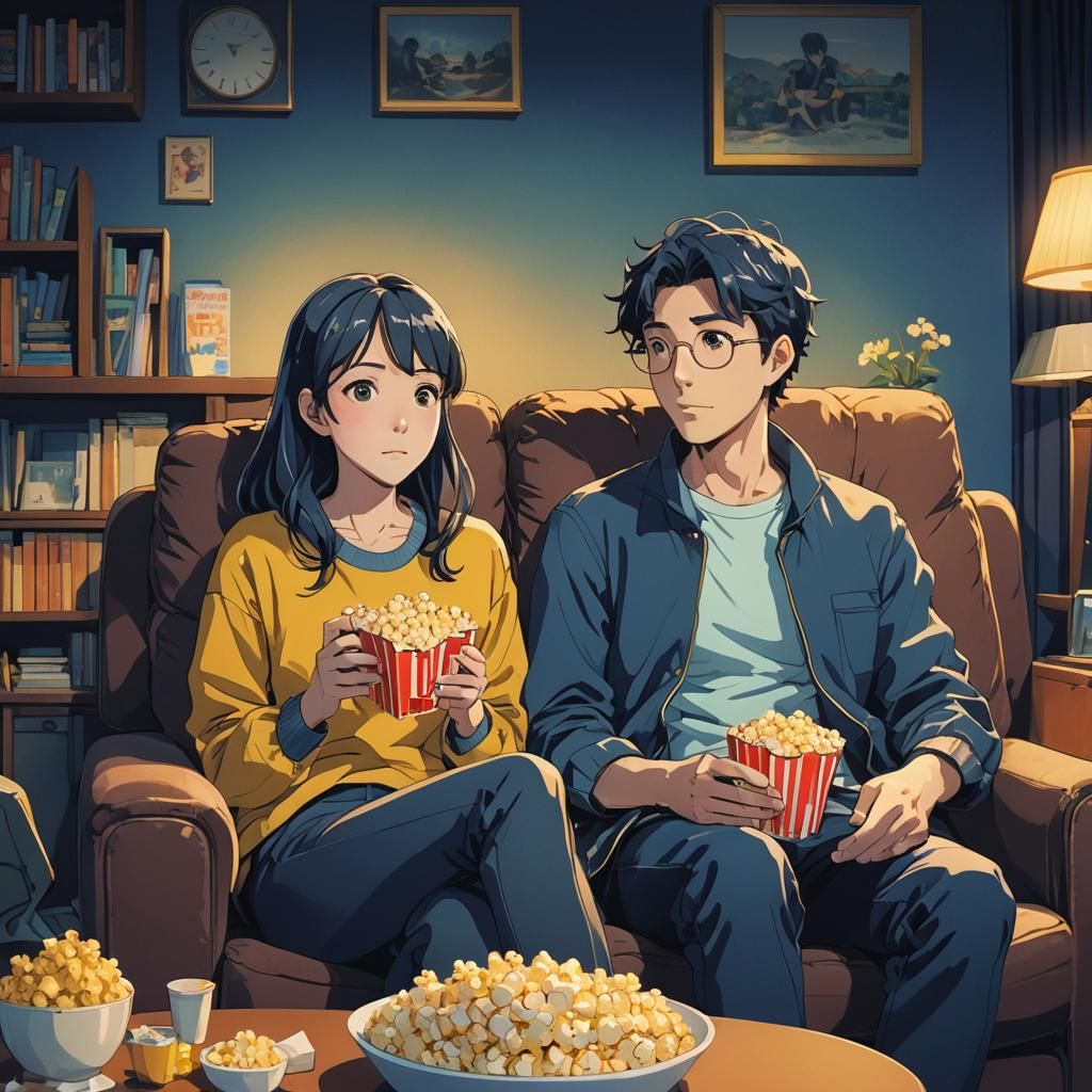 Anime Couple Watching TV in Cel-Shaded Style