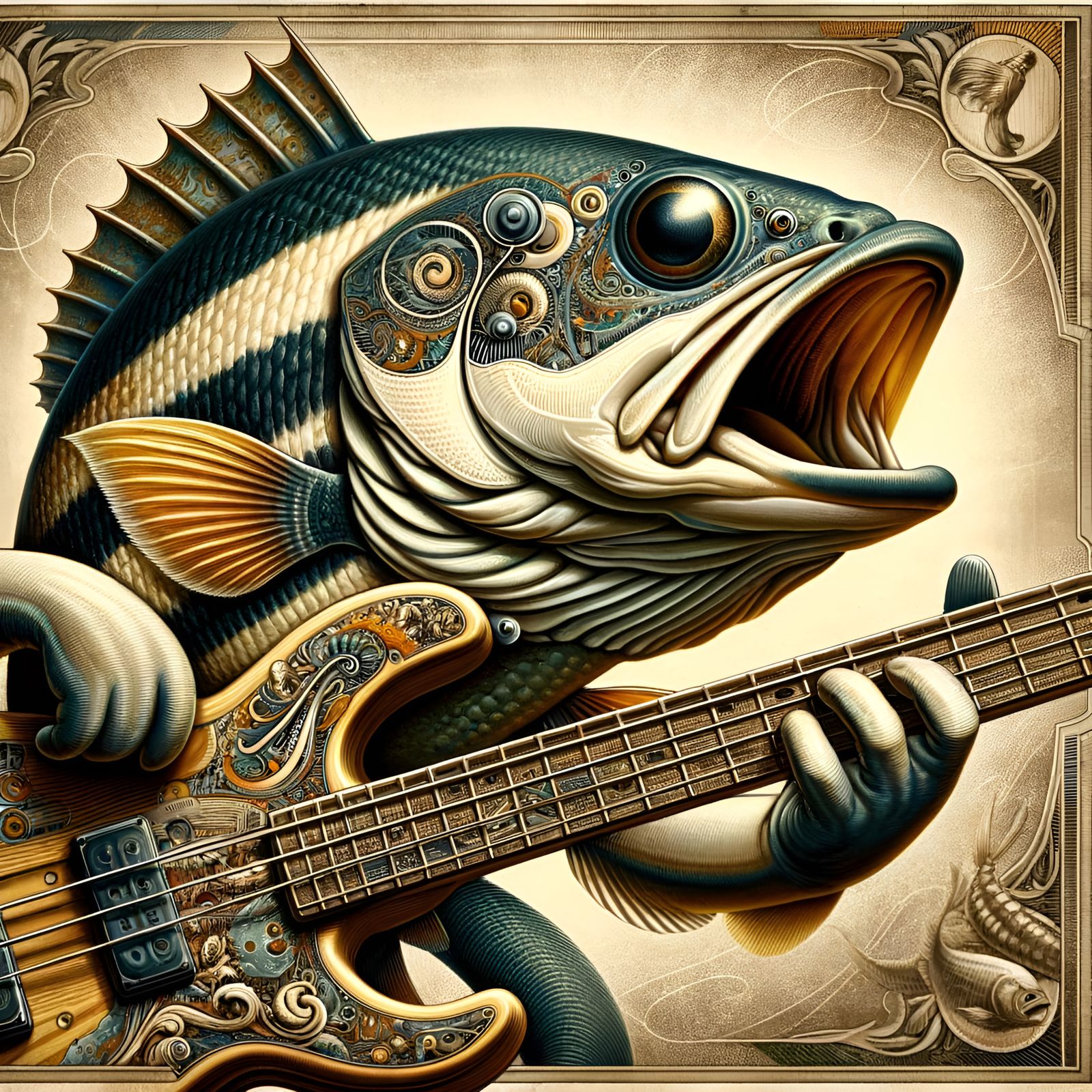 Bass Fish Plays Guitar: Evocative Realism Portrait