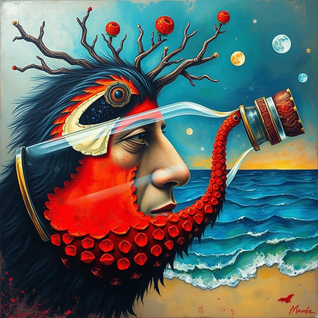 Surrealist Art of a Message in a Bottle with Abstract Faces...