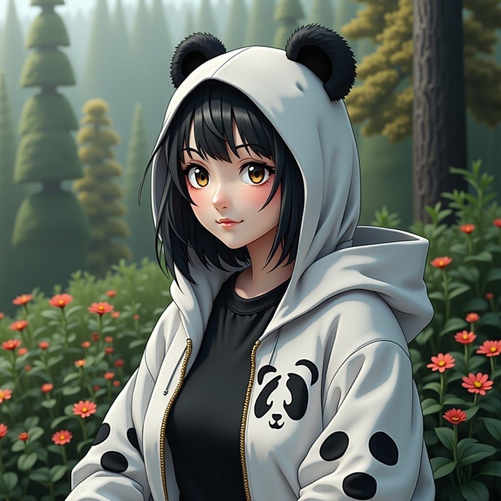 Whimsical Anime Girl in Japanese Garden