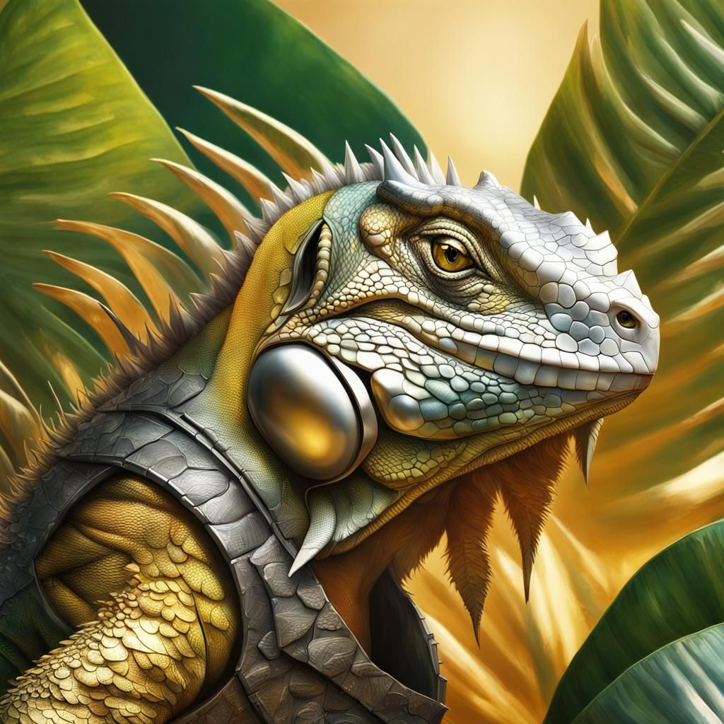Armored Iguana on Leaf: Hyperrealistic Concept Art