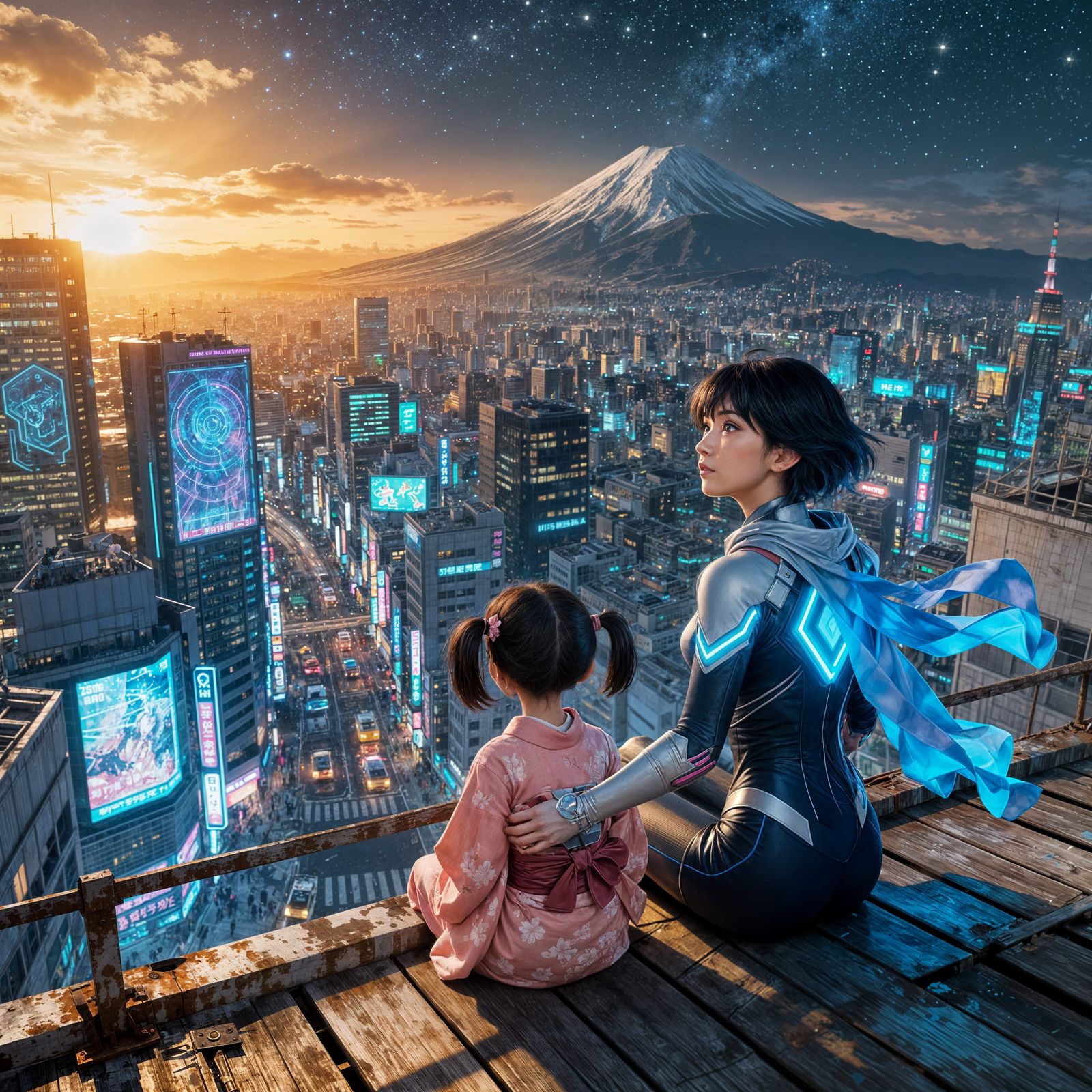 Anime Superhero Duo Overlooking Tokyo Rooftop