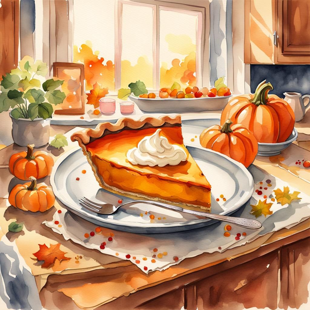 Watercolor Pumpkin Pie in Golden Light