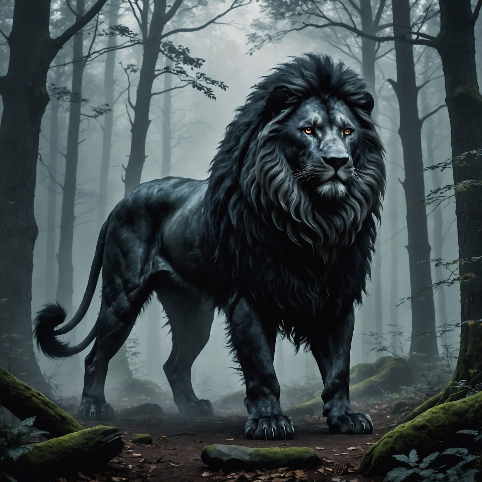 Ethereal Black Lion in Mystical Forest
