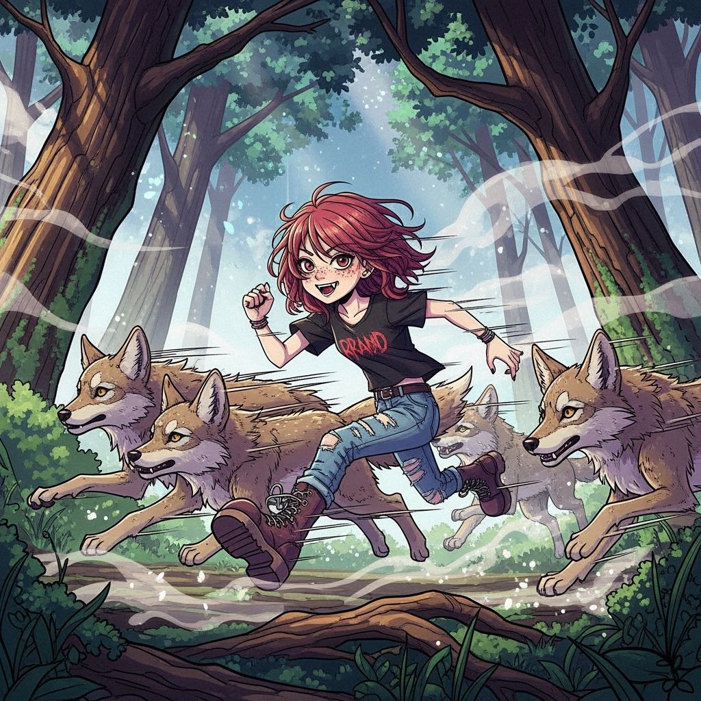 Anime Goth Girl Running with Coyotes in Misty Forest