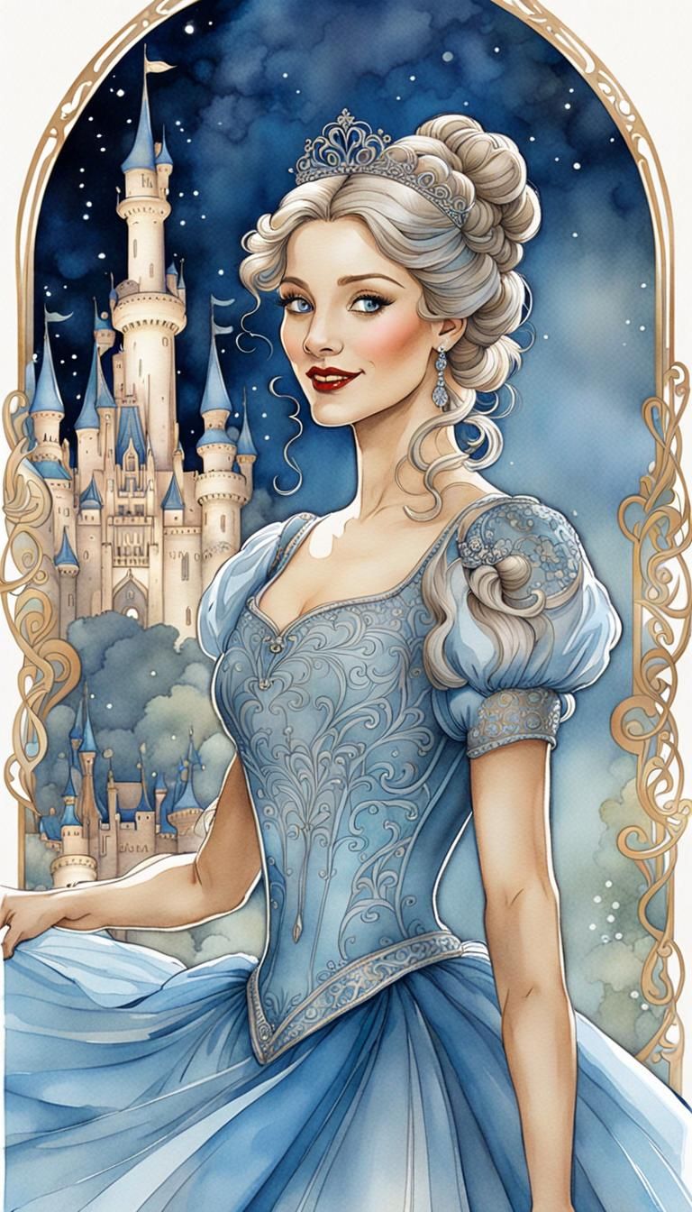 Art Nouveau Watercolor: Princess Cinderella in Silver Dress