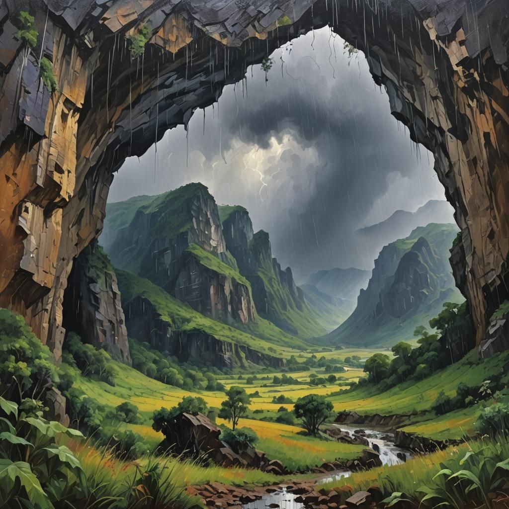 Impressionistic Mountain Cave with Raging Storm