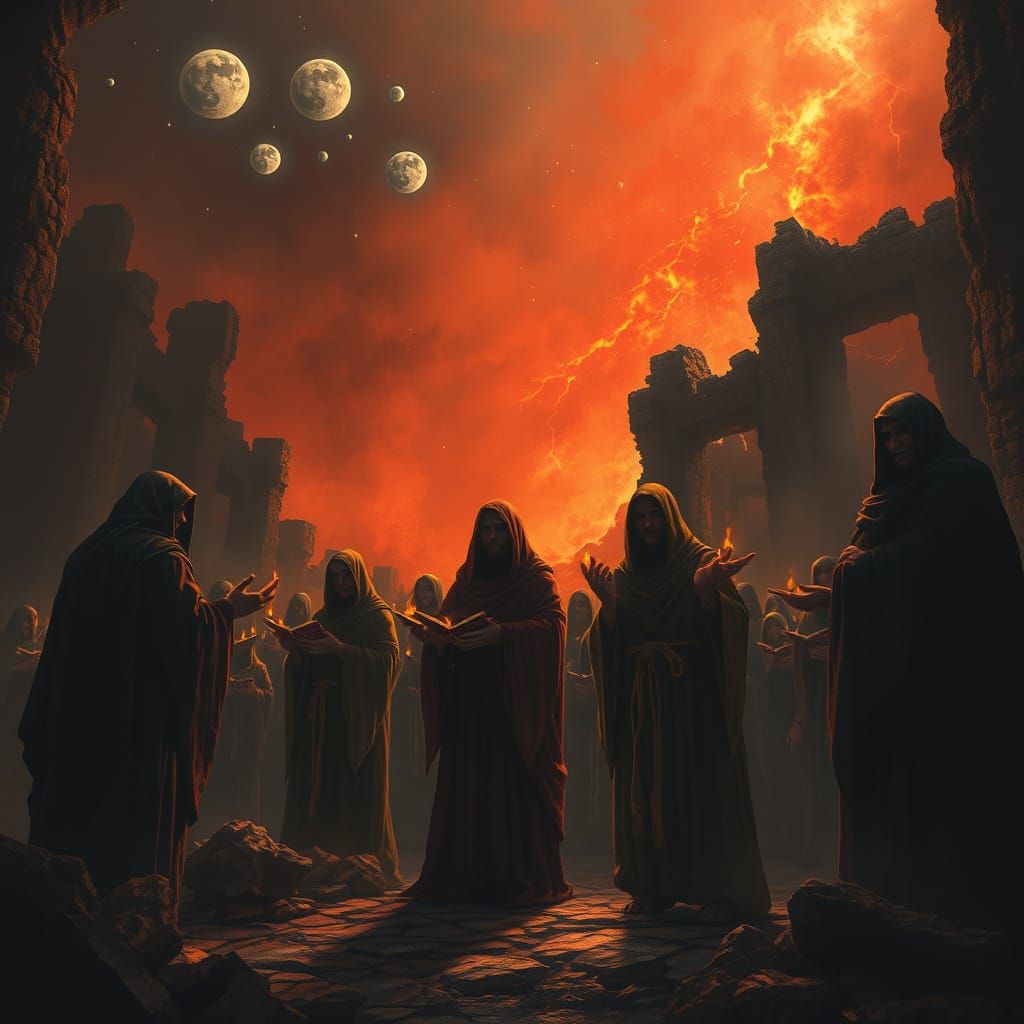 Apocalypse Cult Chanting in Fiery, Shadowy Ruins