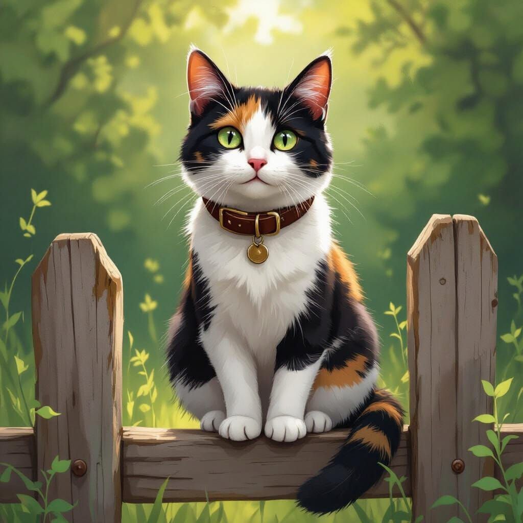 Sassy Calico Cat in Whimsical Outdoor Scene