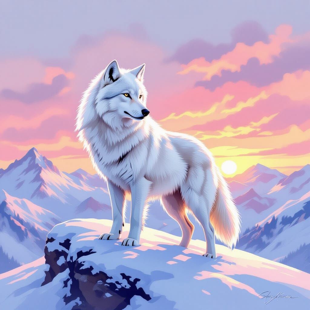 White Wolf on Snowy Peak in Watercolor Style