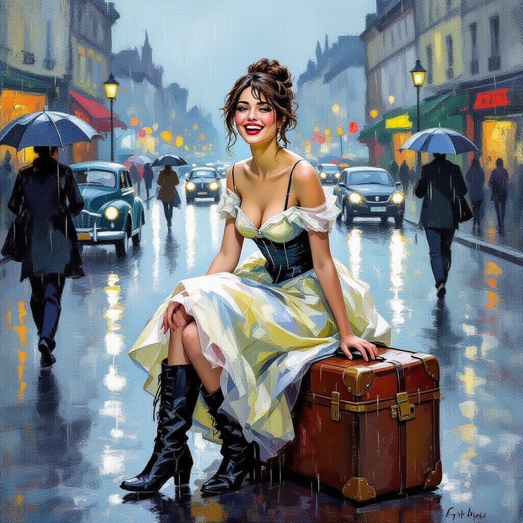 Rainy City Woman in Van Gogh Style