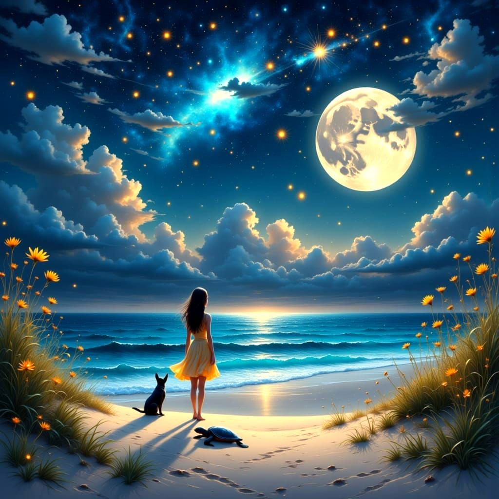 Cosmic Beach Panorama with Woman, Dog, and Turtle