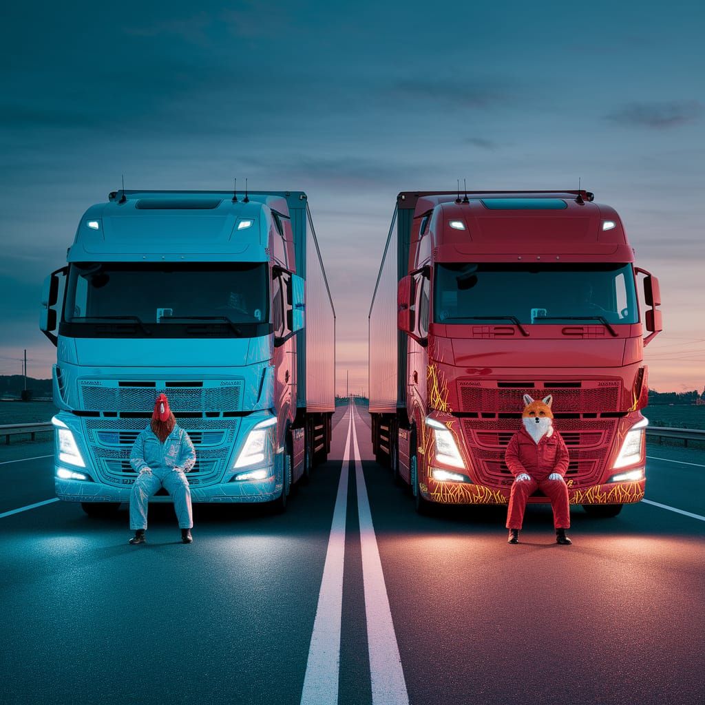 Rooster & Fox Truck Drivers in Pre-Raphaelite Style