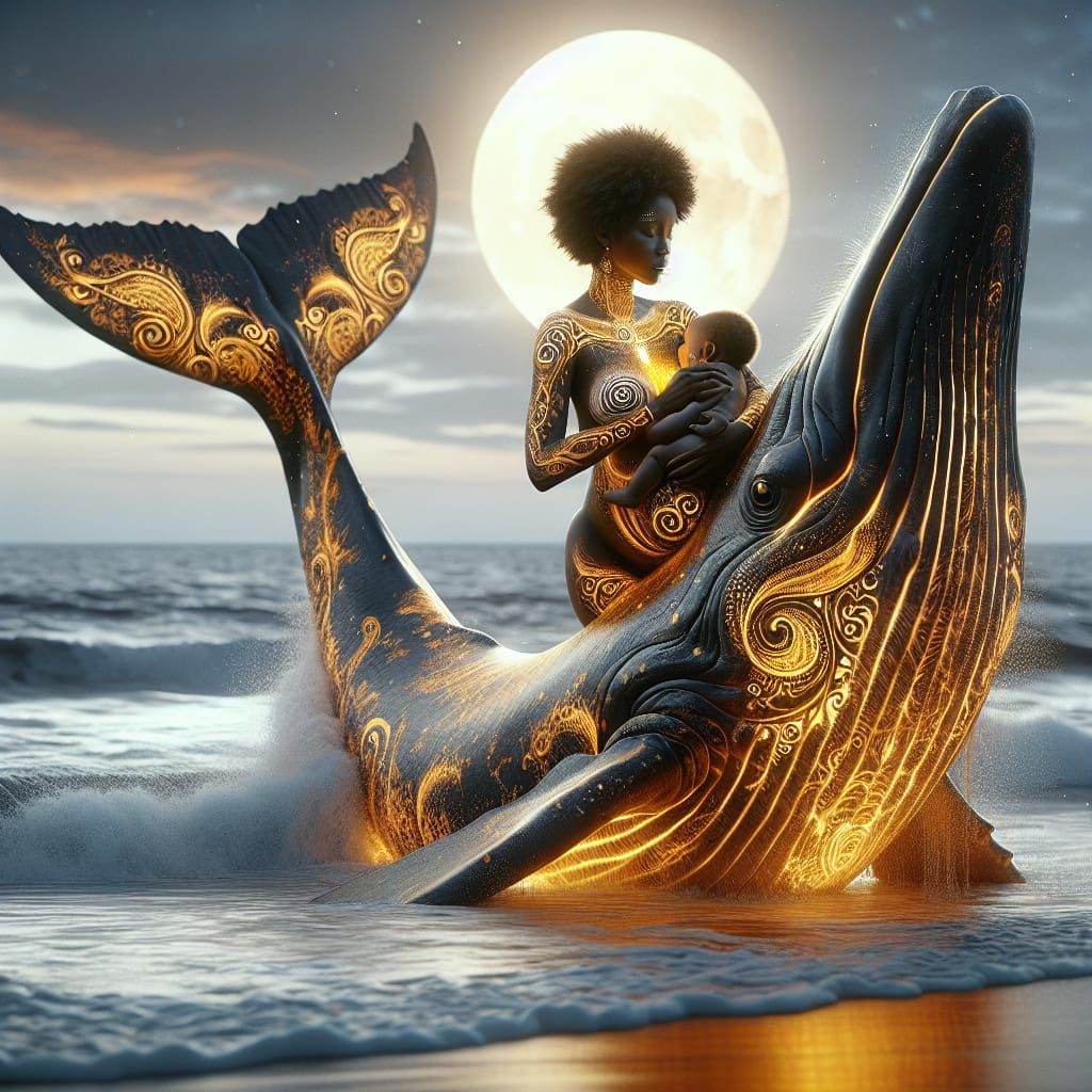 Mother and Child Ride Whale at Dusk