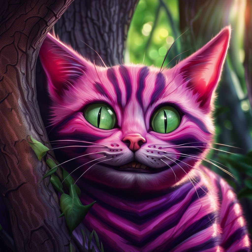 Mysterious Striped Cat with Green Eyes in Tree