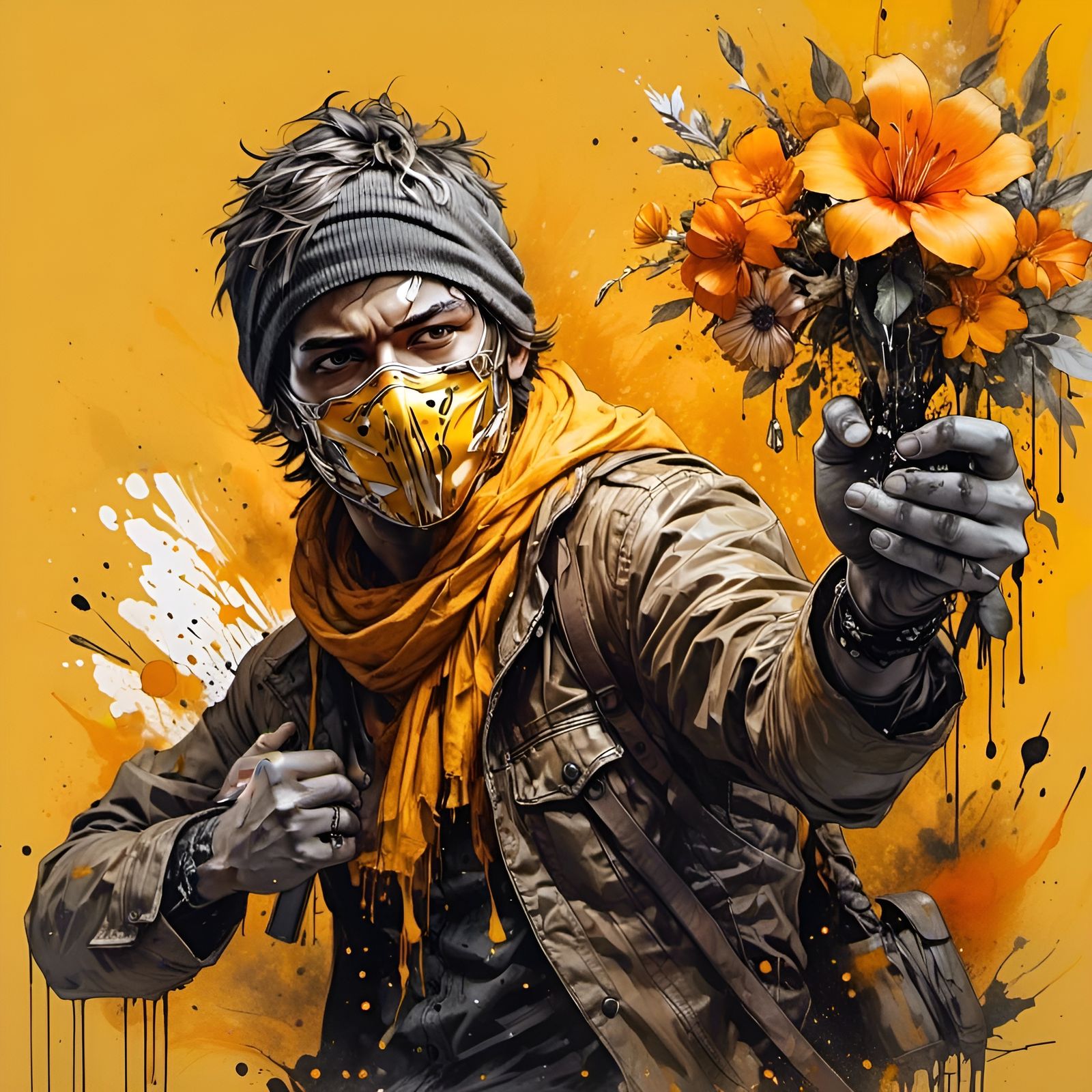 Revolutionary with Flowers in Hyperreal Mixed Media