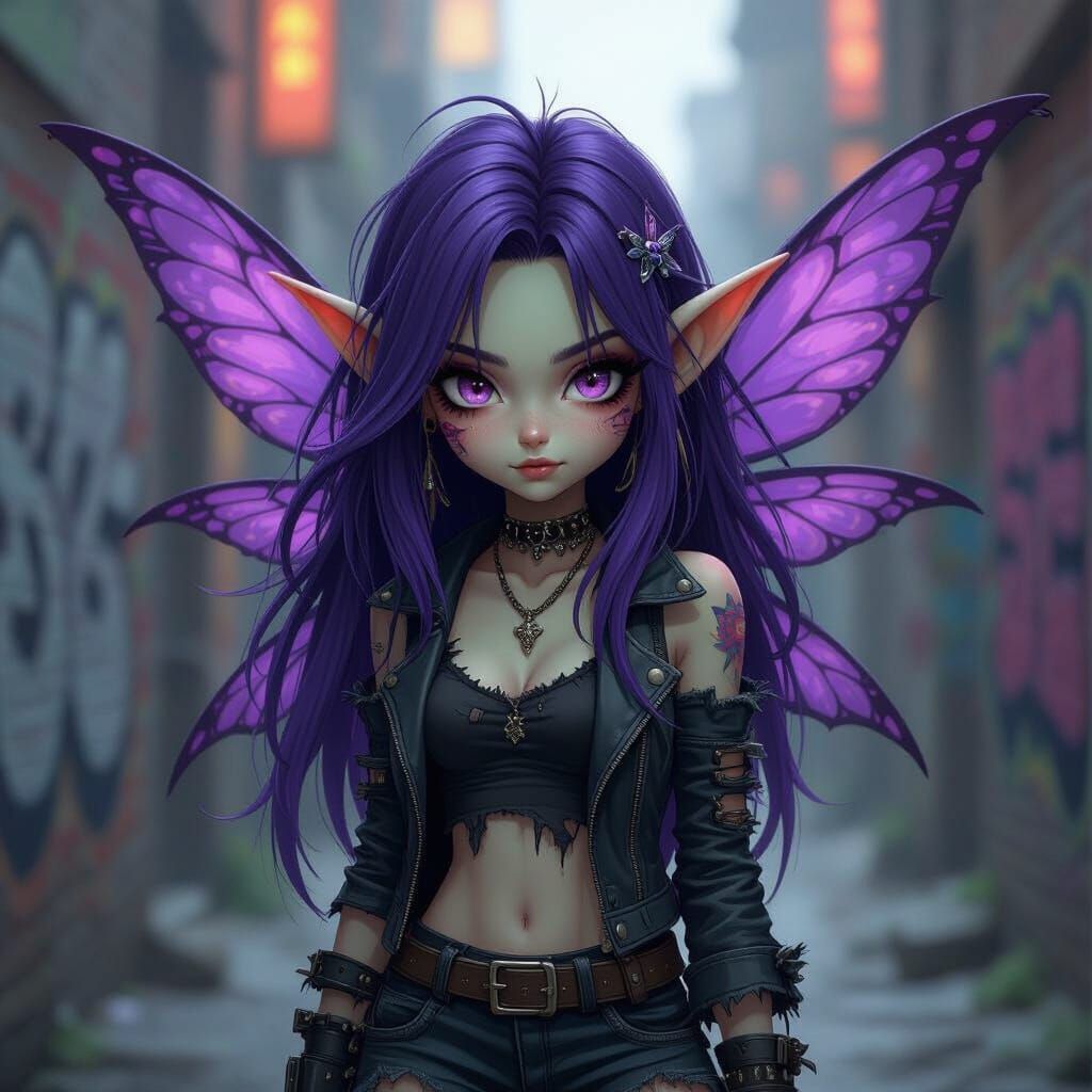 Edgy Goblin With Purple Hair and Fairy Wings in Grunge Anime...