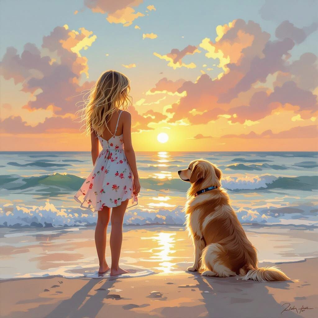 Girl and Dog Enjoying Sunset, Painterly Style