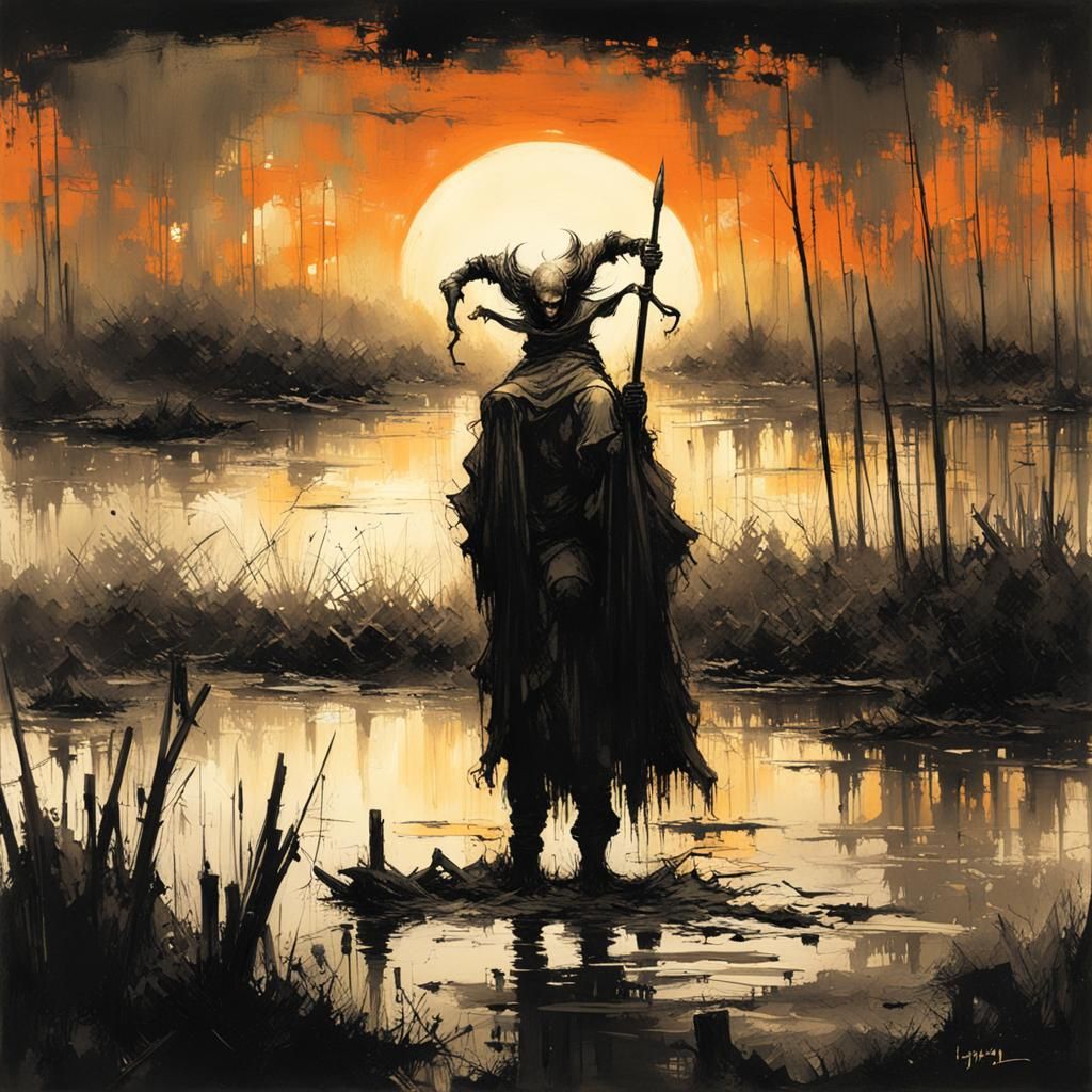 Eerie Jester in Swamp at Sunset: Stippling Ink Art