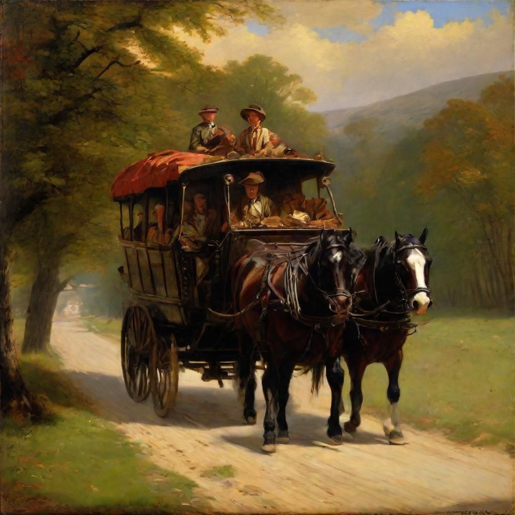 Highway Coach on Country Roads, Oil Painting