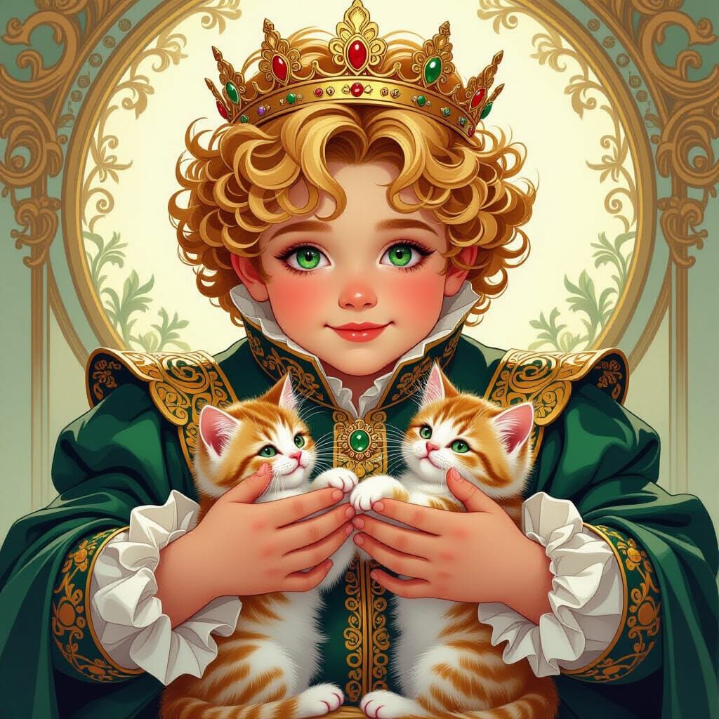 Young King Plays with Kittens in Whimsical Style