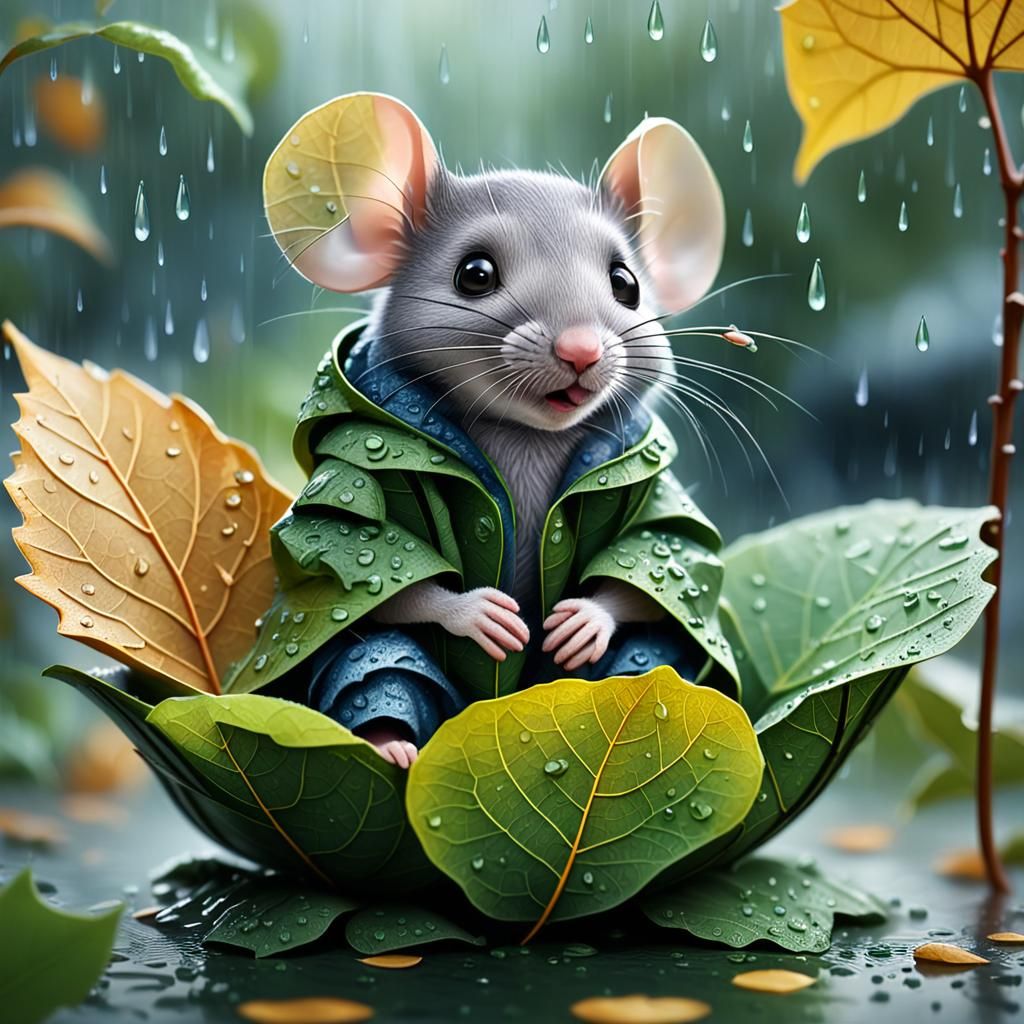 Mouse in Leaf Boat on Rainy Day