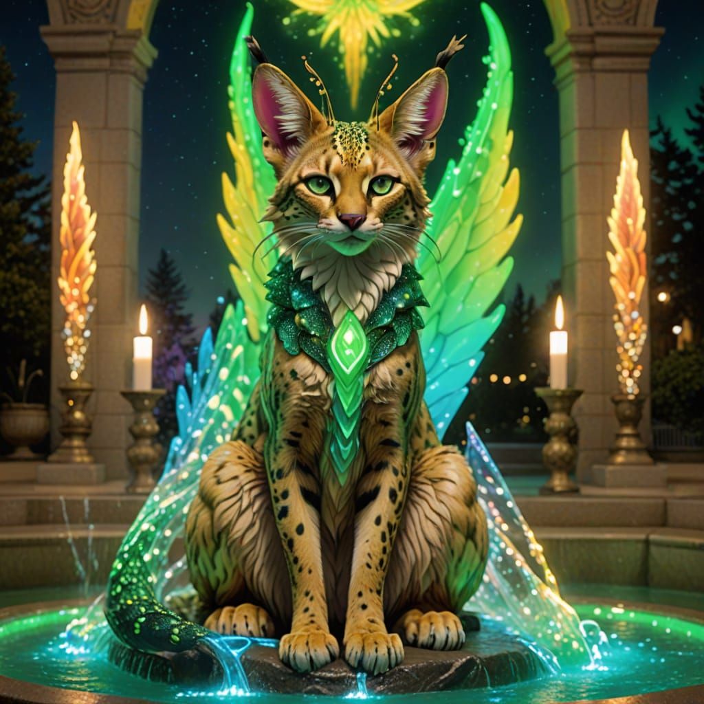 Enchanted Serval Goddess in Whimsical Art Nouveau Style