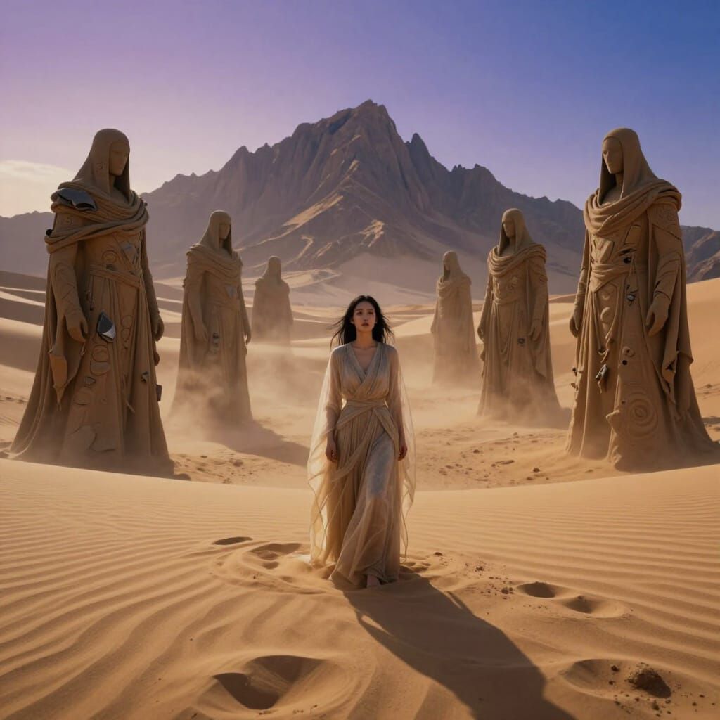 Asian Woman Amidst Ethereal Sand Soldiers in Desert Landscap...