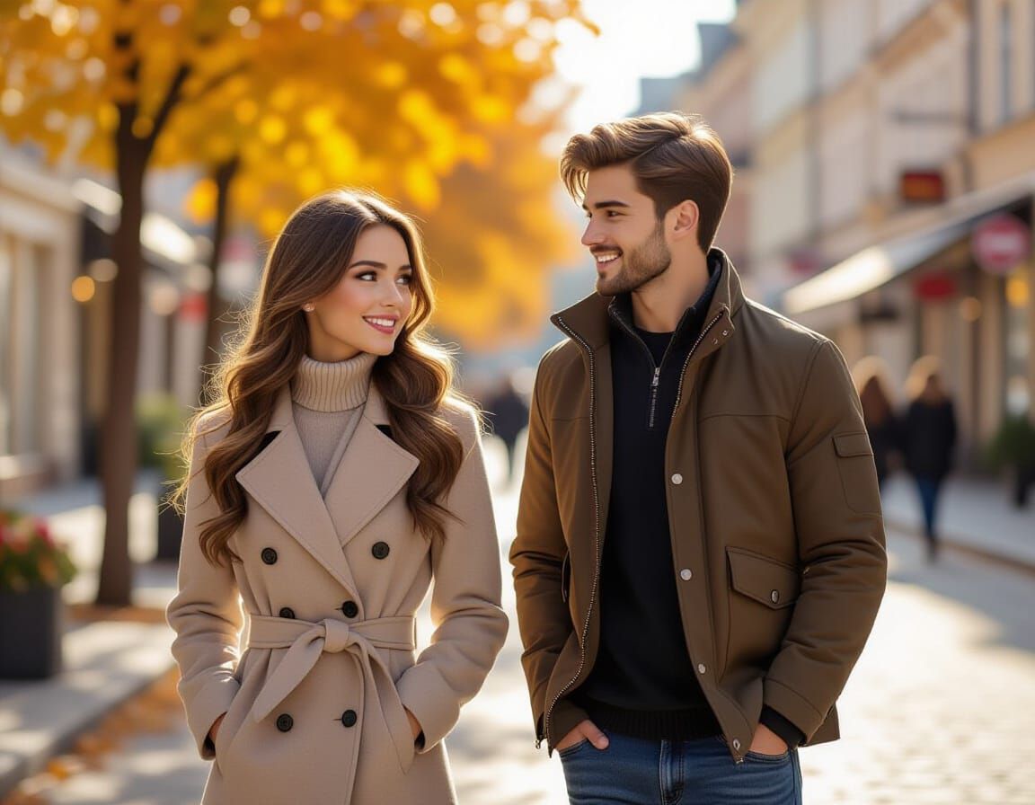 Autumn City Scene: Girl and Man in Golden Light