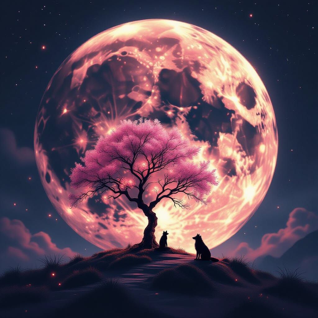 Surreal Full Moon with Dreamlike Landscape and Lone Wolf