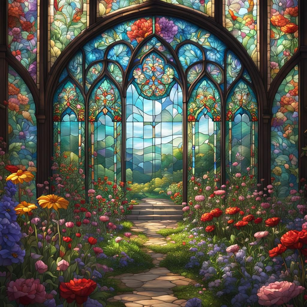 Summer Flower Garden in Stained Glass Style