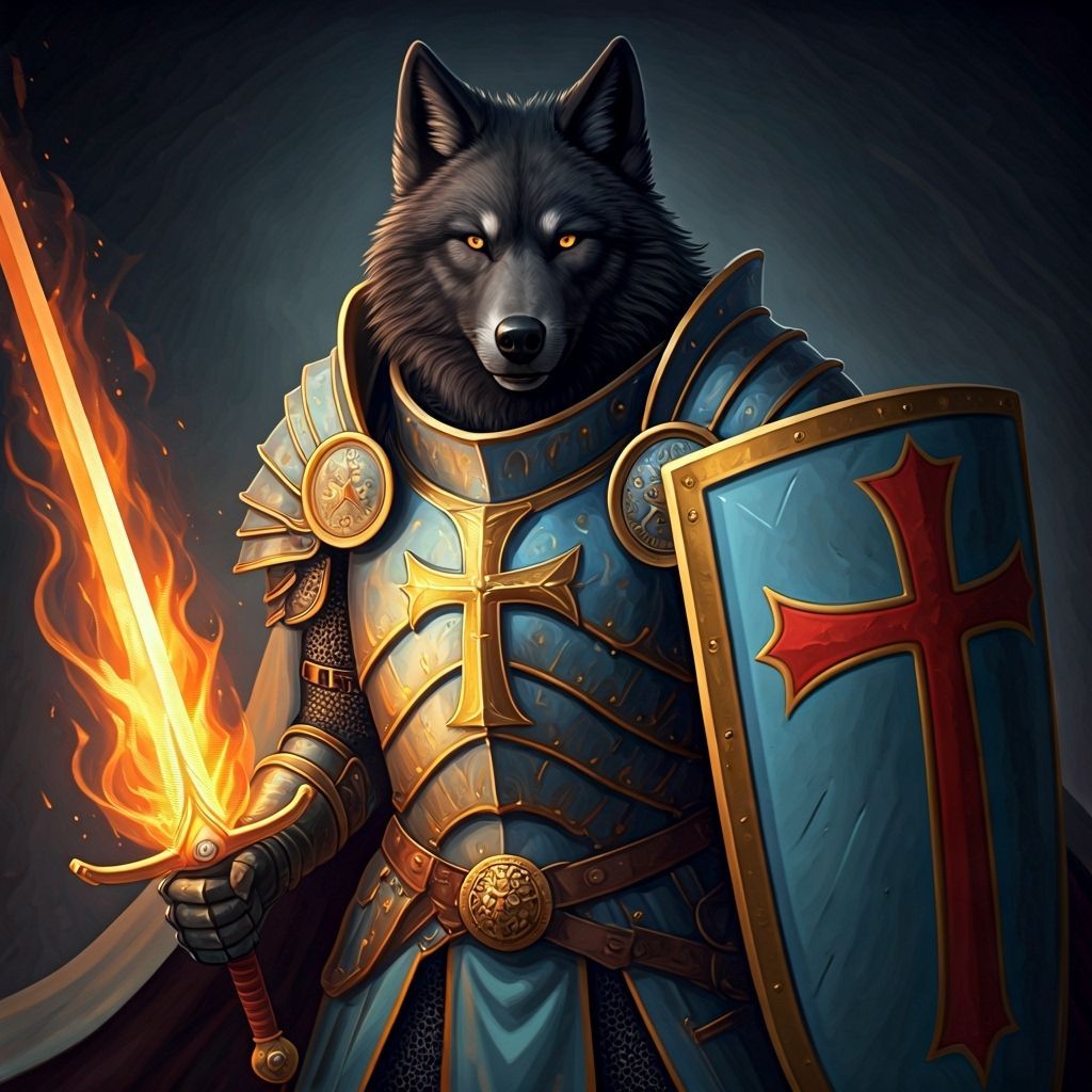 Armored Wolf with Flaming Sword, Fantasy Art