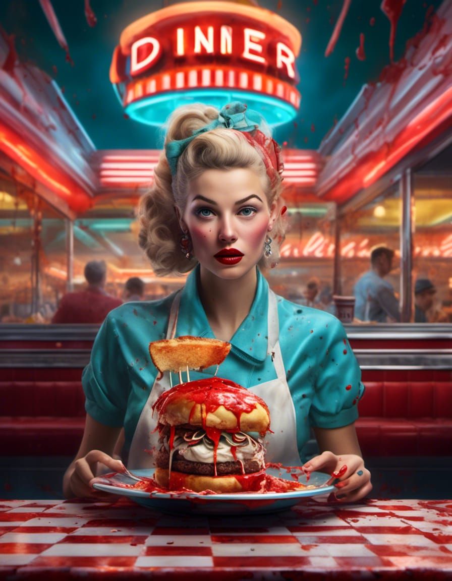 Hyperrealistic Queen in a 1950s Diner