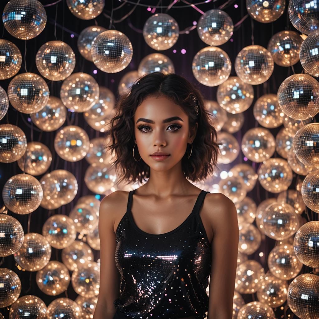 Woman with Galaxy Eyes Surrounded by Disco Balls