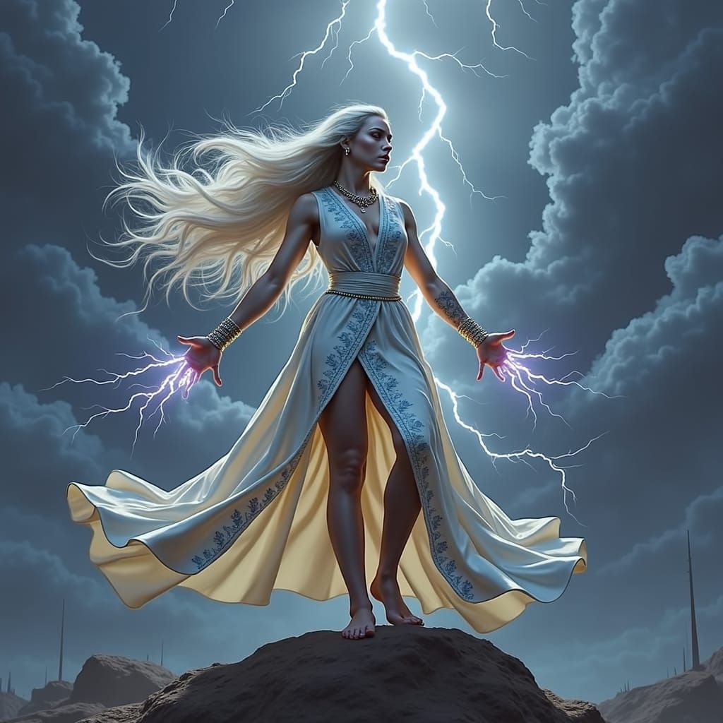 Majestic Thunder Goddess in Surreal Stormy Landscape
