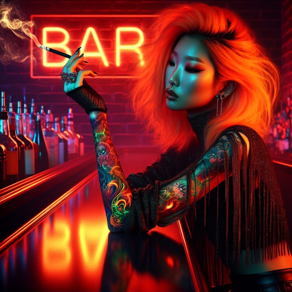 Asian Woman with Fiery Hair in Neon Bar
