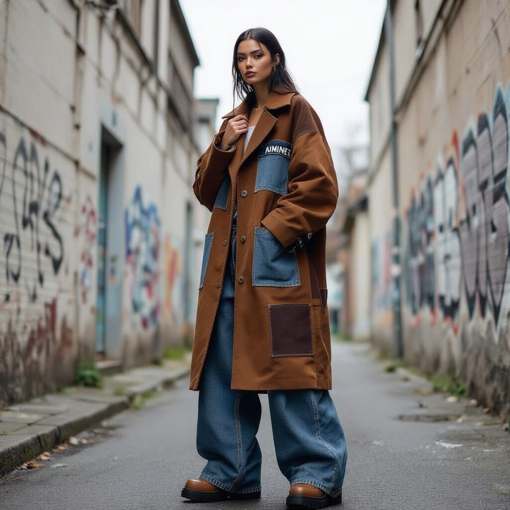 Street Fashion Model in Alleyway, Oversized Coat