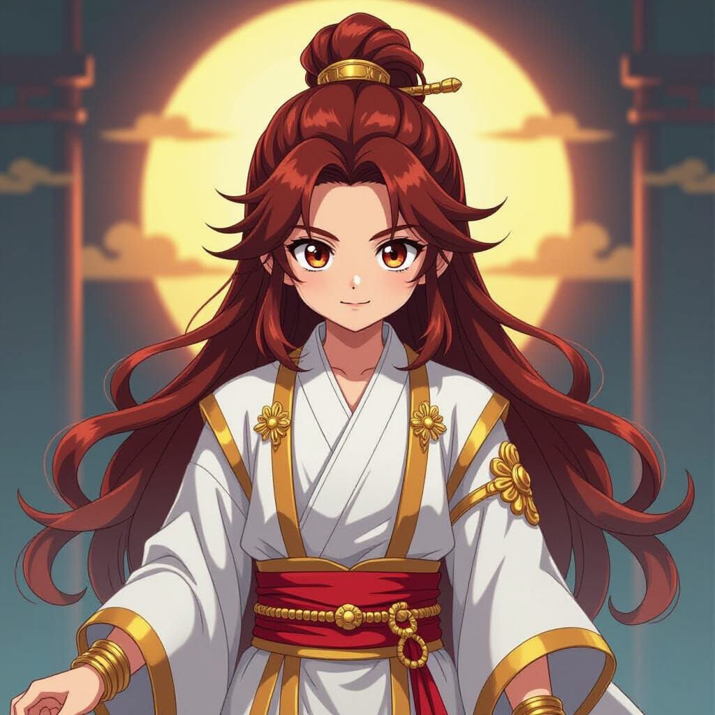 Boy with Red Eyes in White Robes, Golden Accents, Manga Styl...