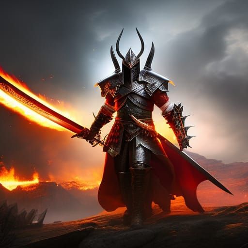Epic Warrior Wielding Flaming Swords in Battle