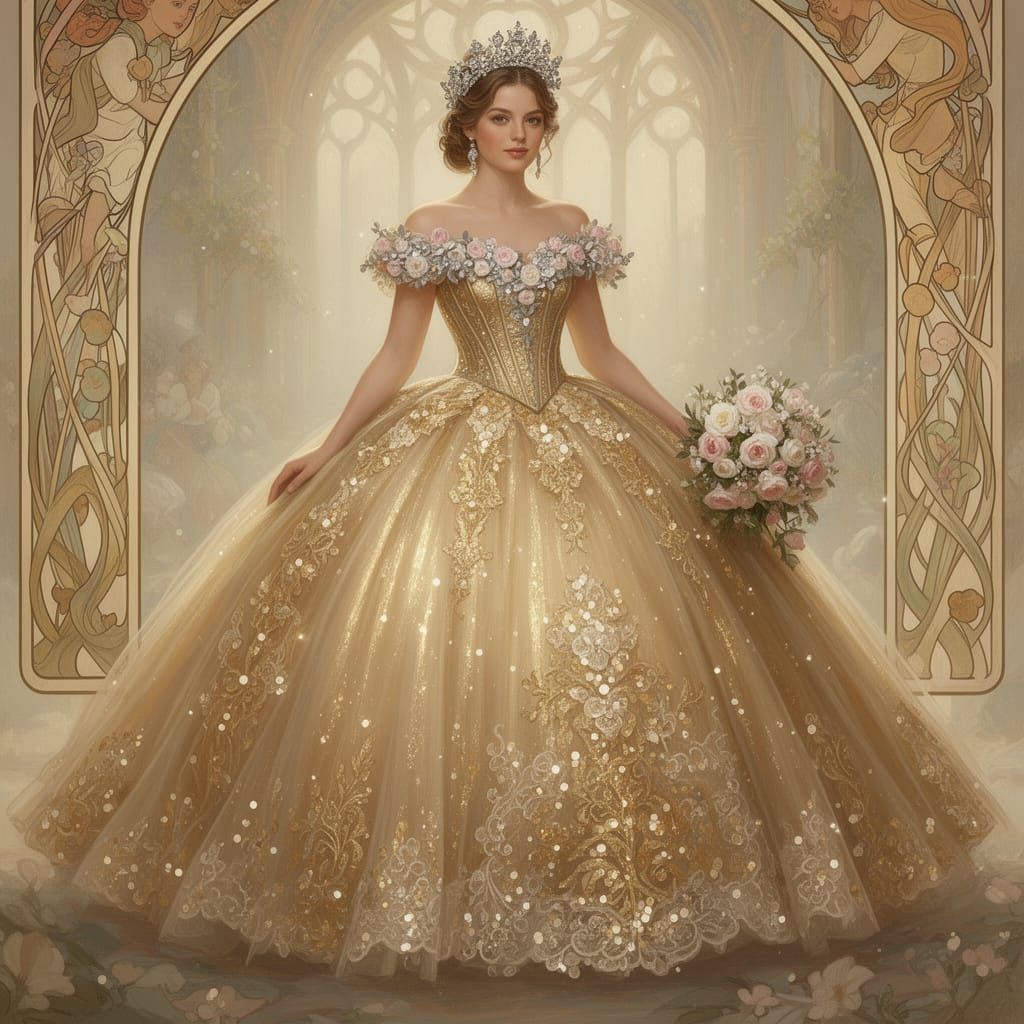 Gold Quinceañera Dress with Tulle and Floral Embellishments