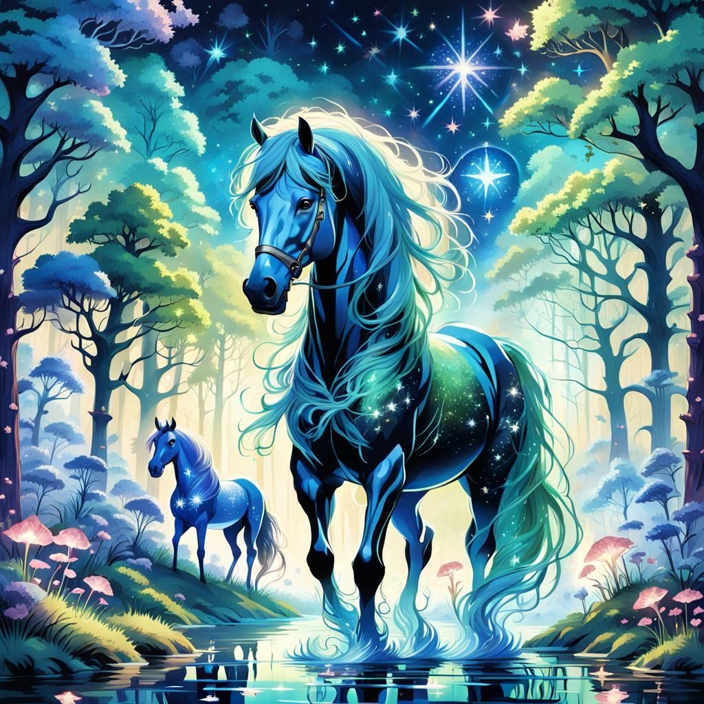 Majestic Horse in Bioluminescent Twilight Forest