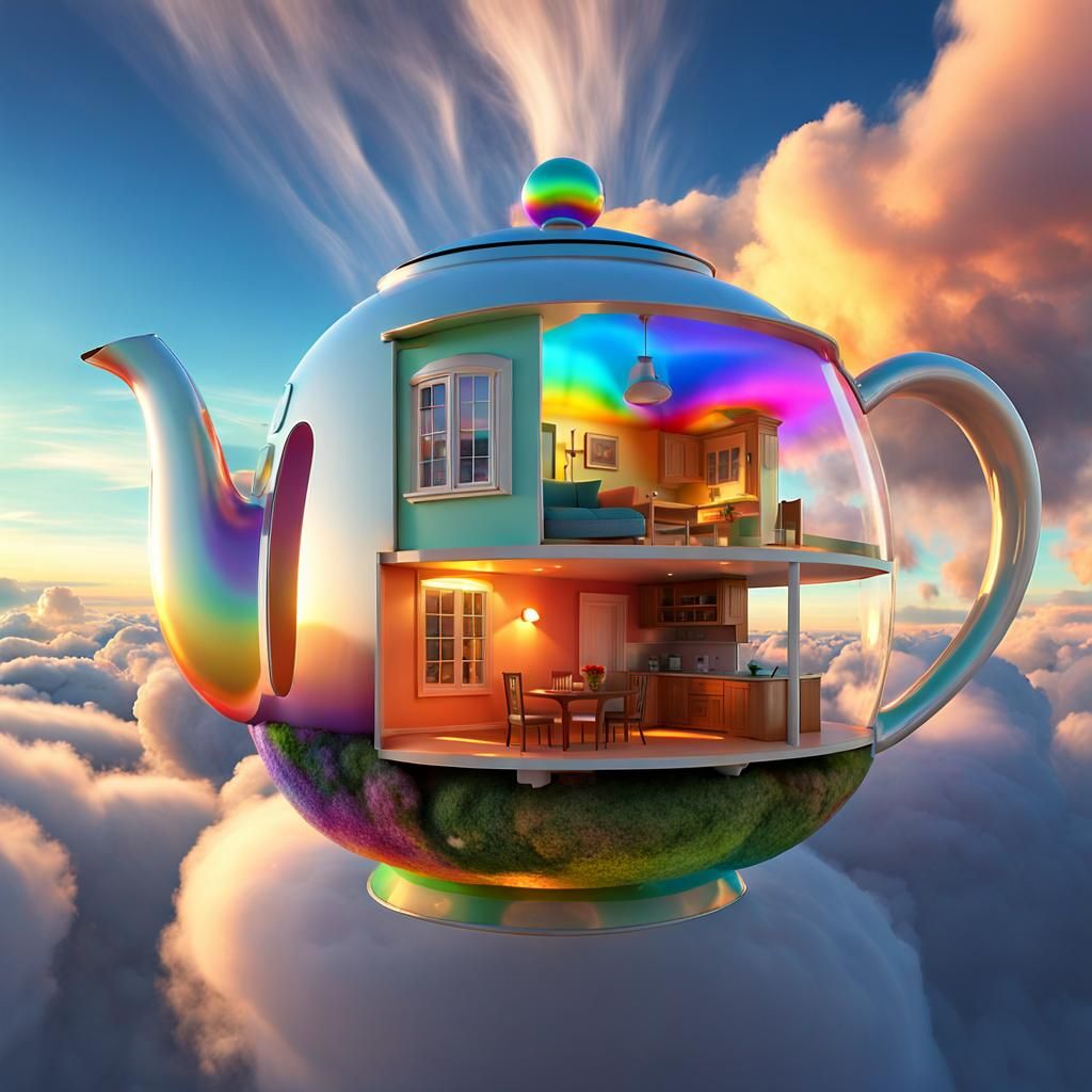 Flying Teapot House Cutaway in Surreal Cloudscape