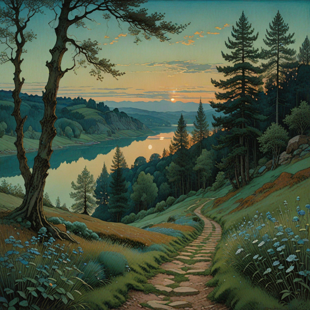 Whimsical Summer Lake Scene in Warm Terracotta and Emerald H...