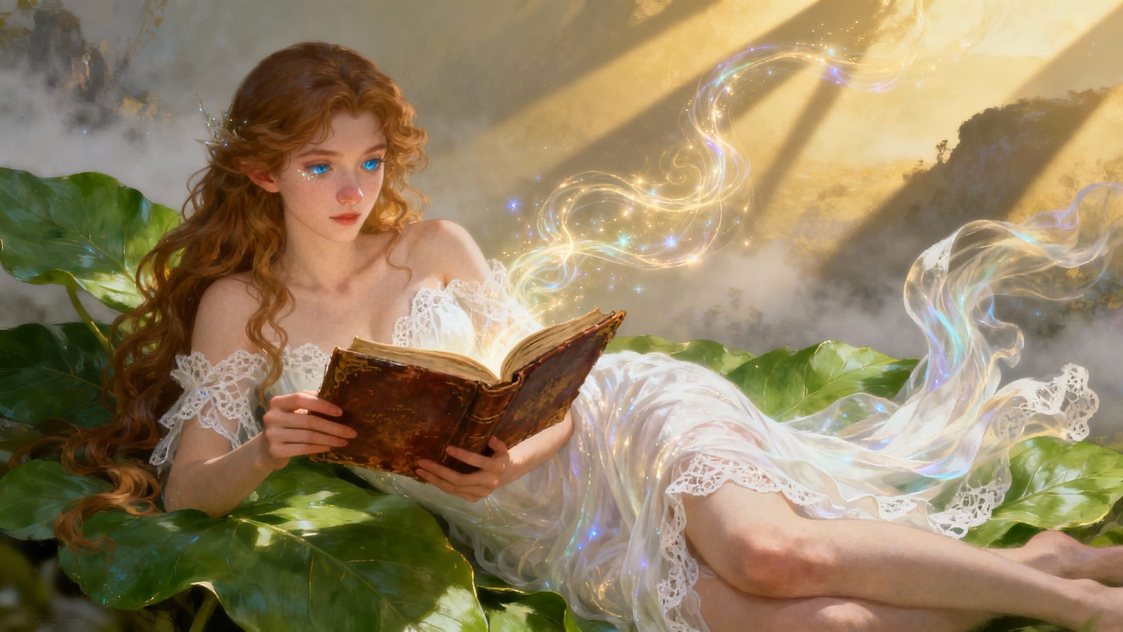 Ethereal Beauty Reading an Ancient Tome in a Mystical Realm