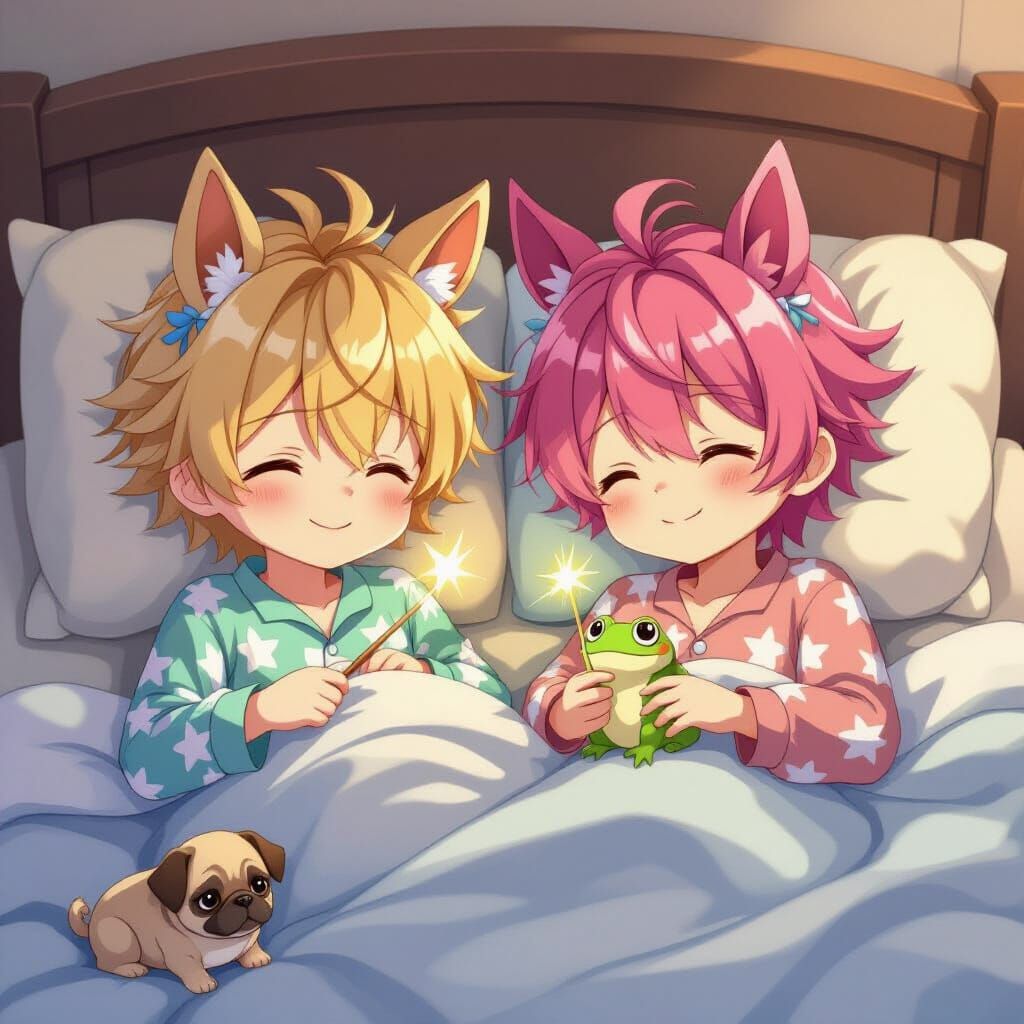 Anime Boys with Horse Ears in Pajamas Holding Frogs