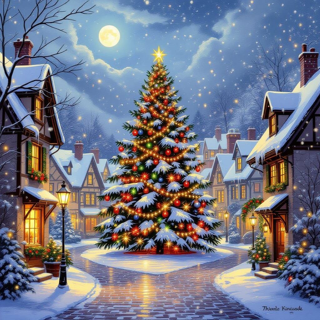 Magical Snowy Cityscape with Festive Christmas Lights