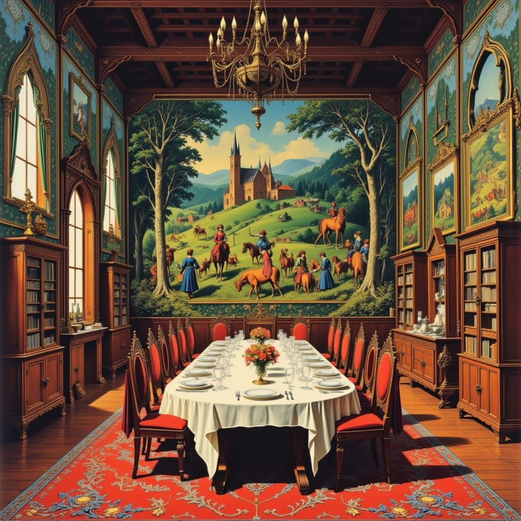 Vintage Medieval Dining Hall With Grand Tapestry
