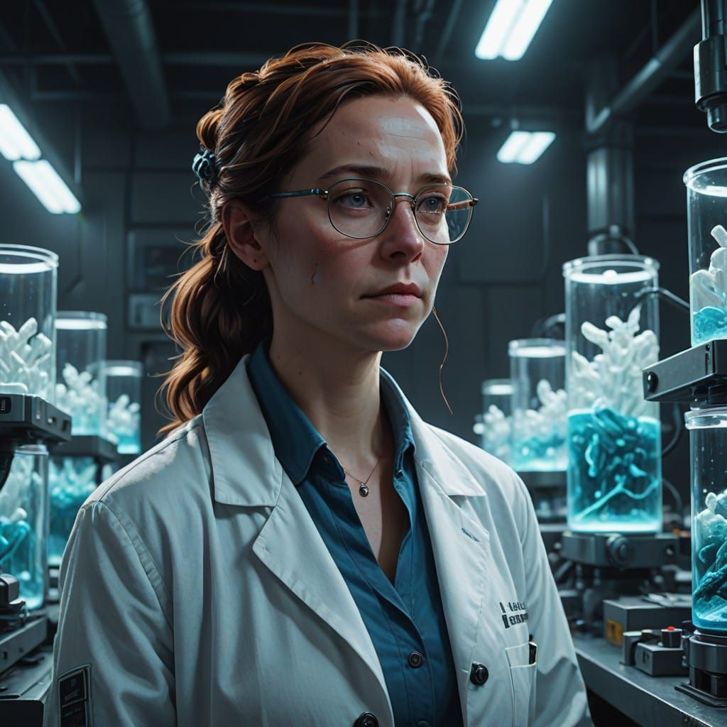 Scientist Amongst Bioluminescent Wonders in a Futuristic Lab...