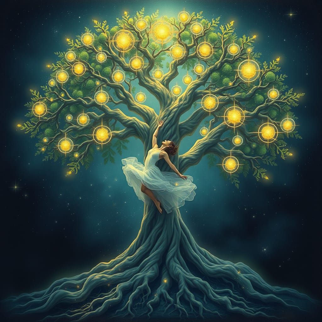 Bioluminescent Tree with Celestial Orbs and Dancer