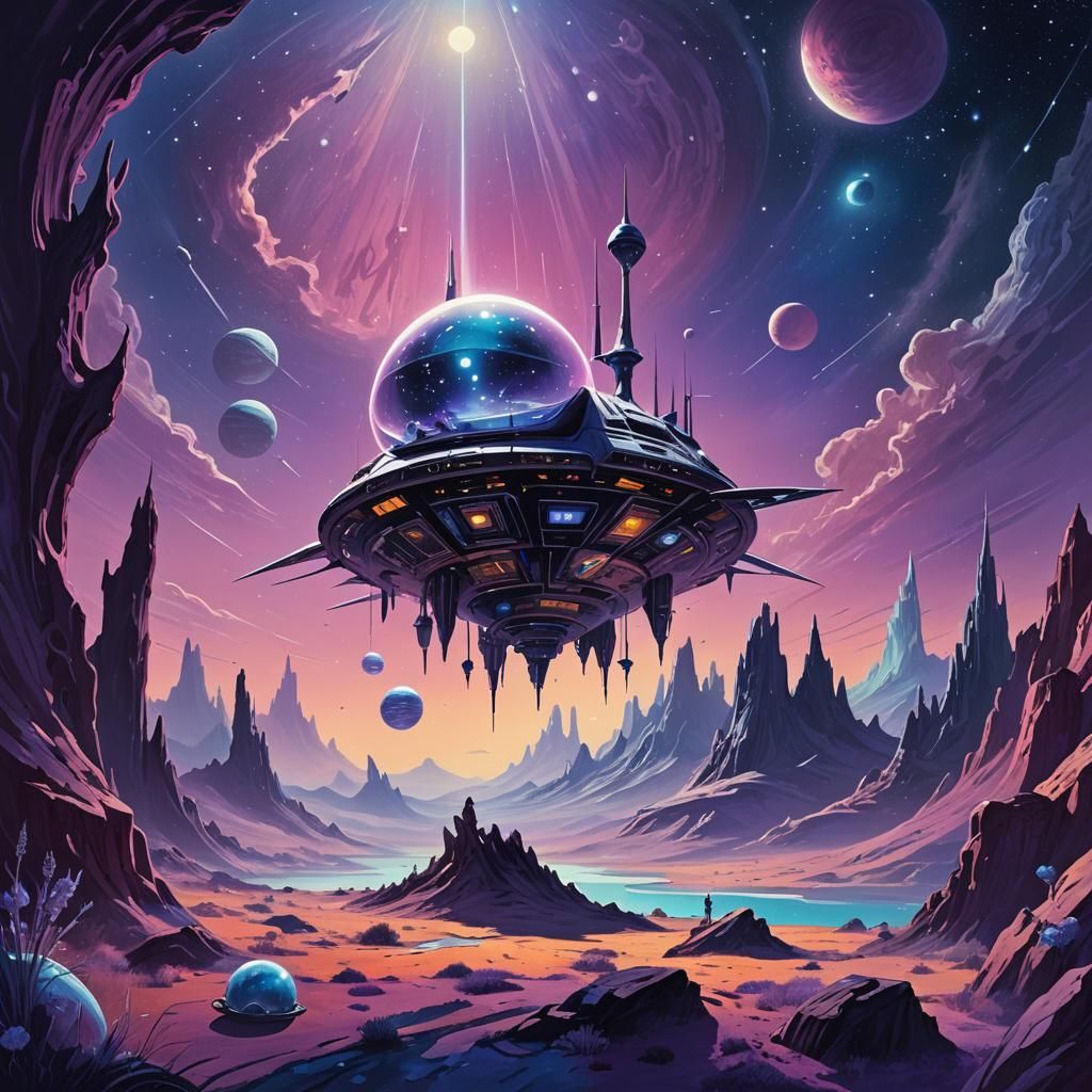 Surreal Space Landscape with Mystical Creatures